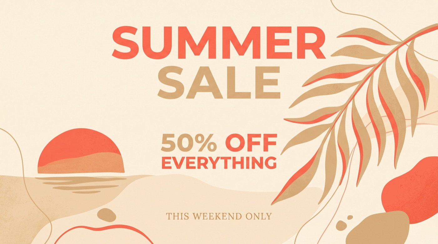 Nano Banana 2.1 summer sale poster with sunset and palm leaf