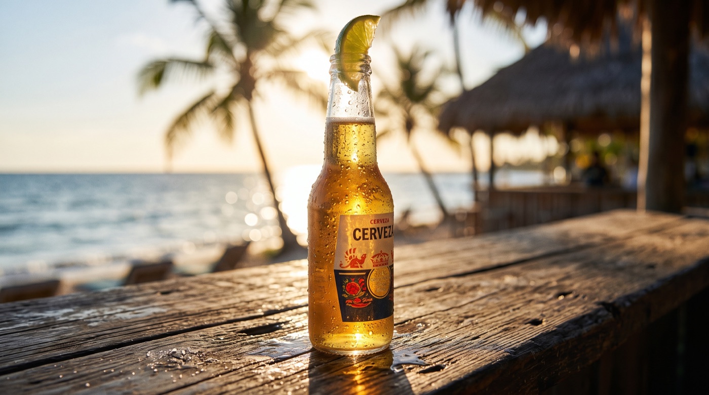 Nano Banana 2.1 AI image: Mexican lager bottle on a beach bar at golden hour