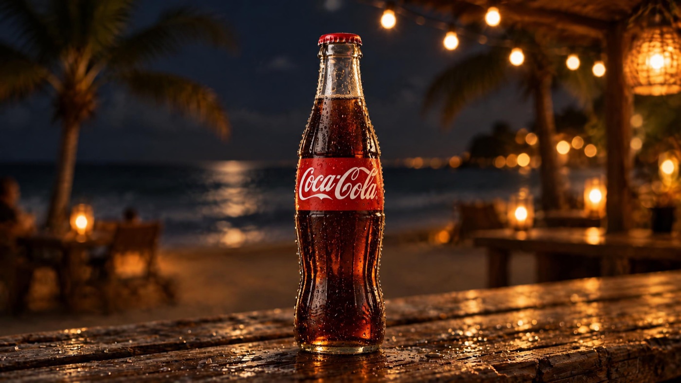 GPT Image 2.5 image edit: dramatic night scene with Coca-Cola bottle and moonlit sea