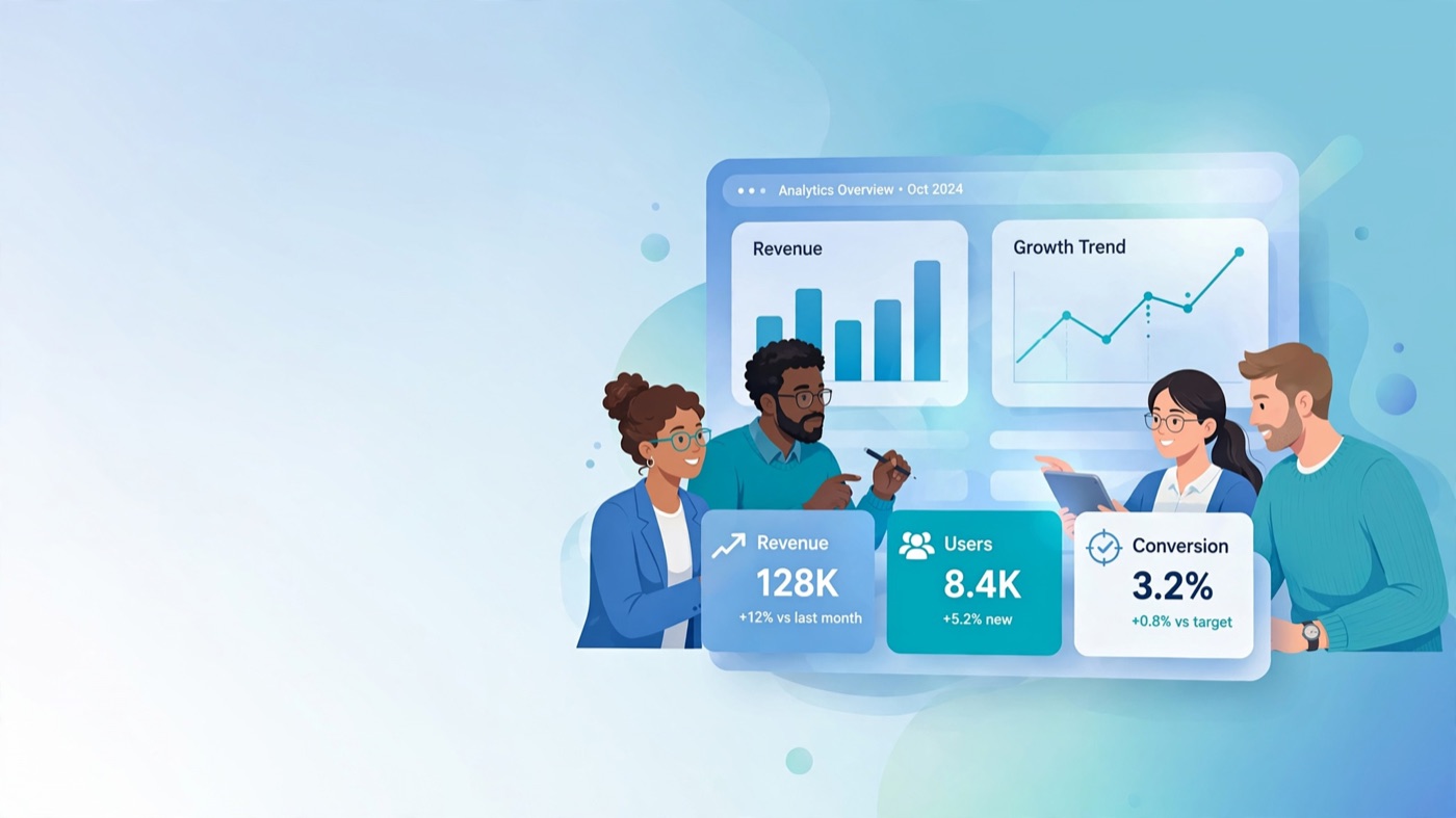 Meta Muse Image flat illustration of a diverse team around a floating analytics dashboard