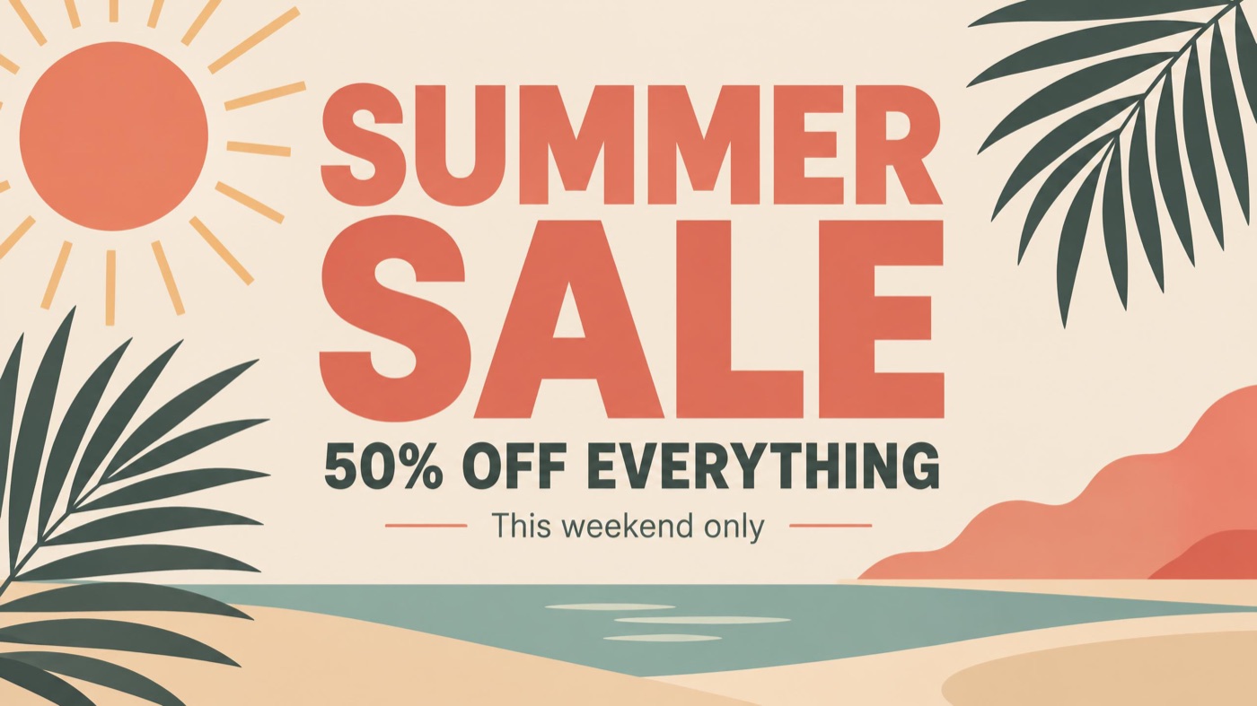 GPT Image 2.5 summer sale poster with sun, palms and beach