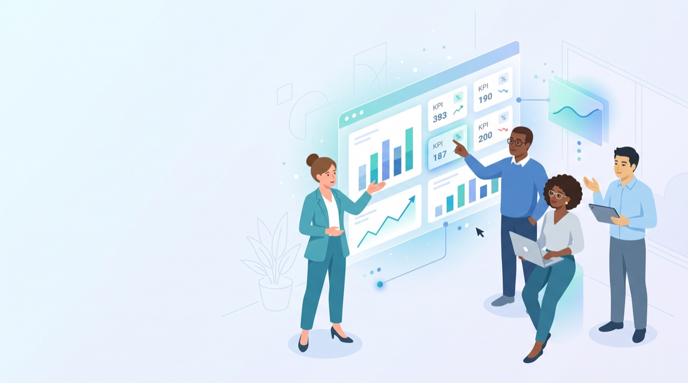 Nano Banana 2.1 isometric illustration of a team presenting a KPI dashboard