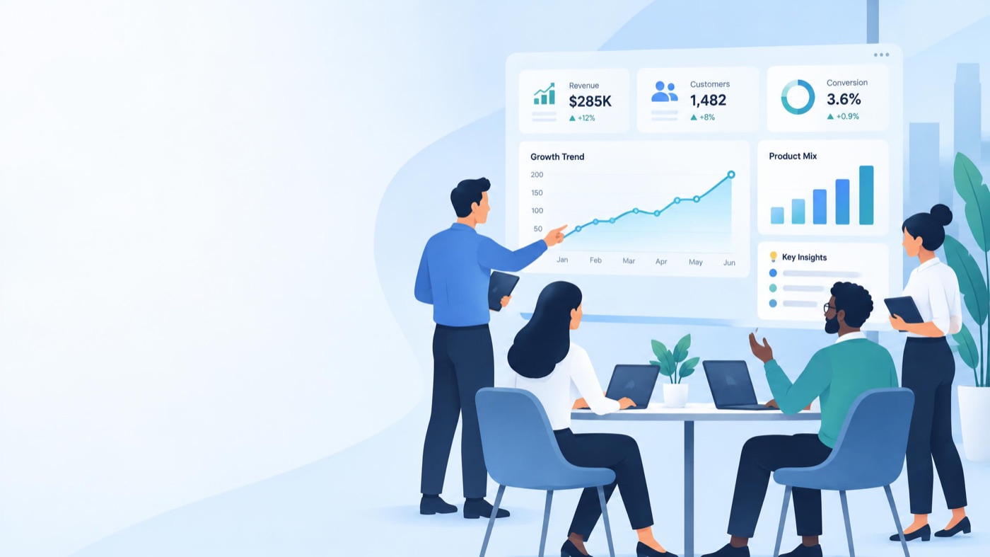 GPT Image 2.5 flat illustration of a team reviewing a business dashboard
