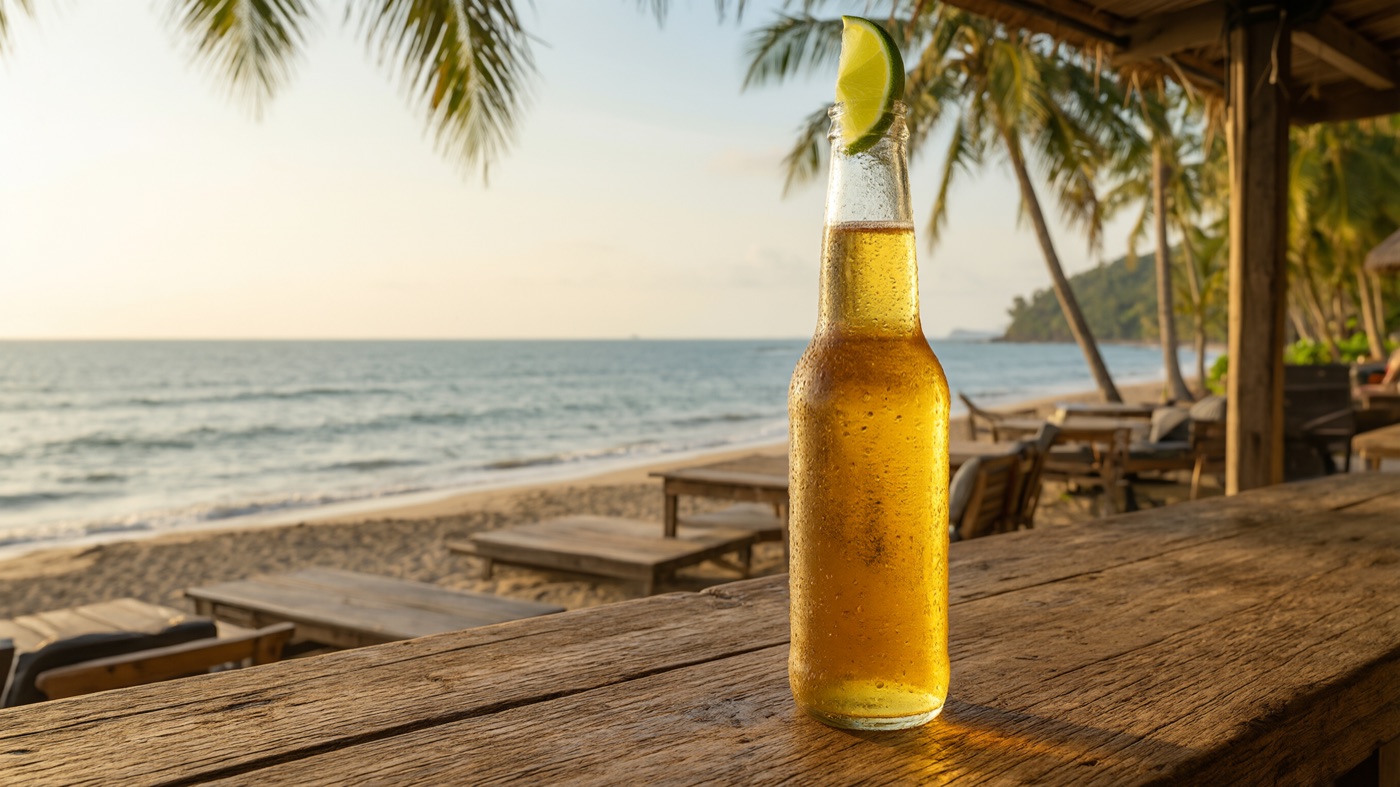 Qwen Image 3.0 AI image: unlabelled beer bottle on a wooden table by the sea
