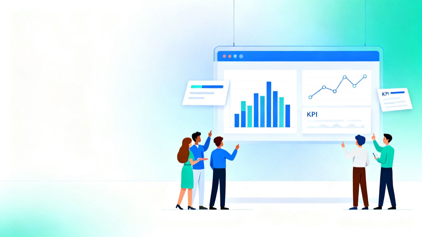 Seedream v4 flat illustration of people pointing at a dashboard