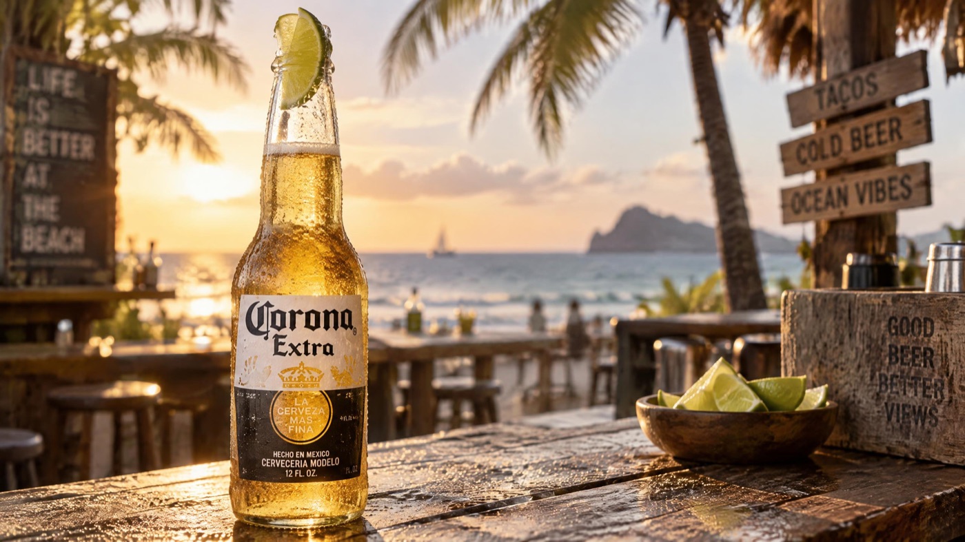 GPT Image 2.5 AI image: lager bottle with a real brand label at a beach bar