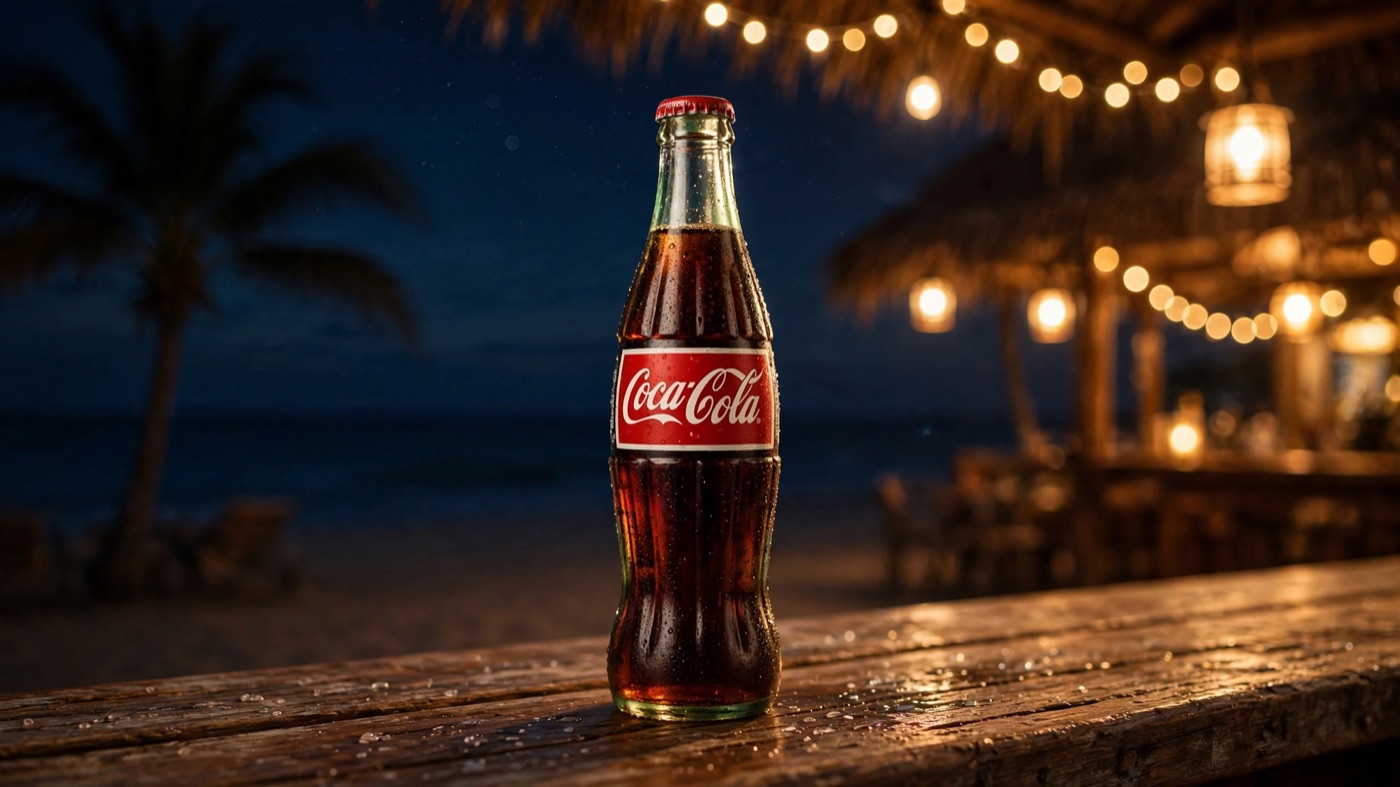 Meta Muse Image image edit: Coca-Cola bottle at a beach bar at night