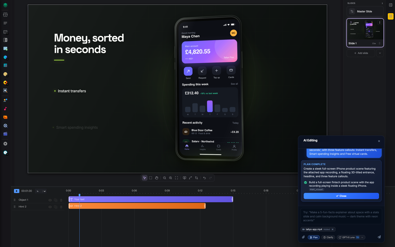 The finished scene in the Animax editor, with the recording playing inside the iPhone