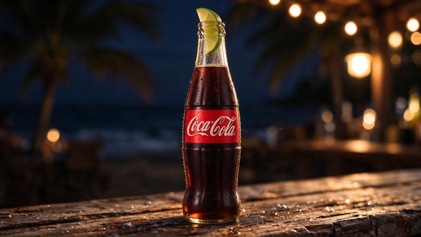 Seedream 5.0 Flash image edit: Coca-Cola bottle at night with a lime wedge