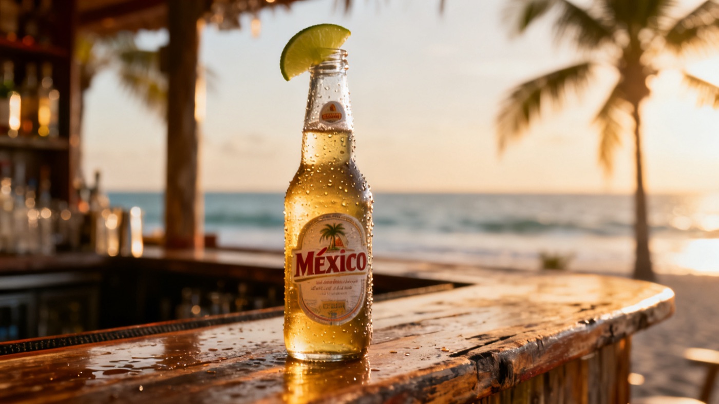 Seedream v4 AI image: México lager bottle on a beach bar