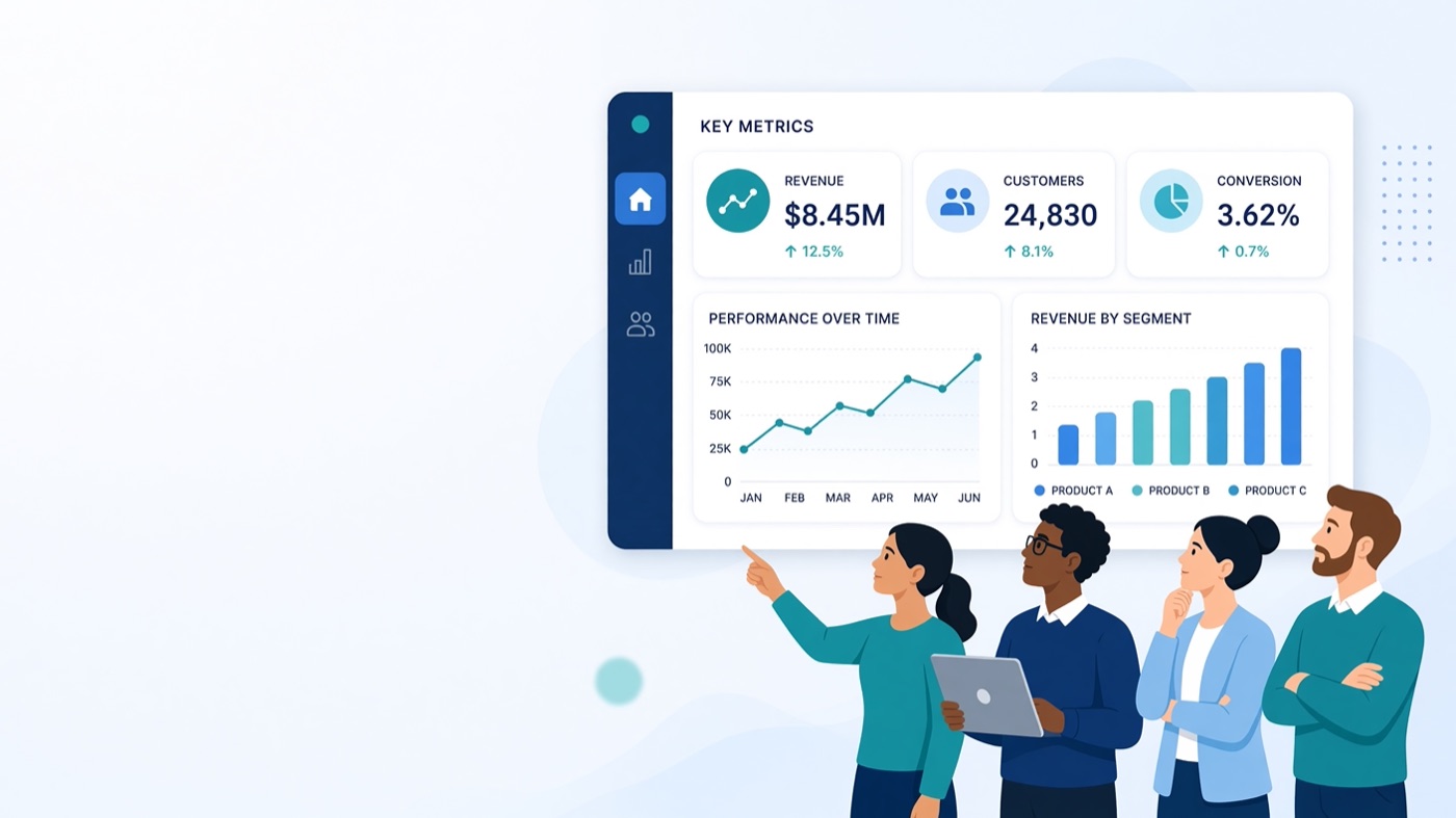 Grok Imagine Image 2.0 flat illustration of a team looking at a key metrics dashboard