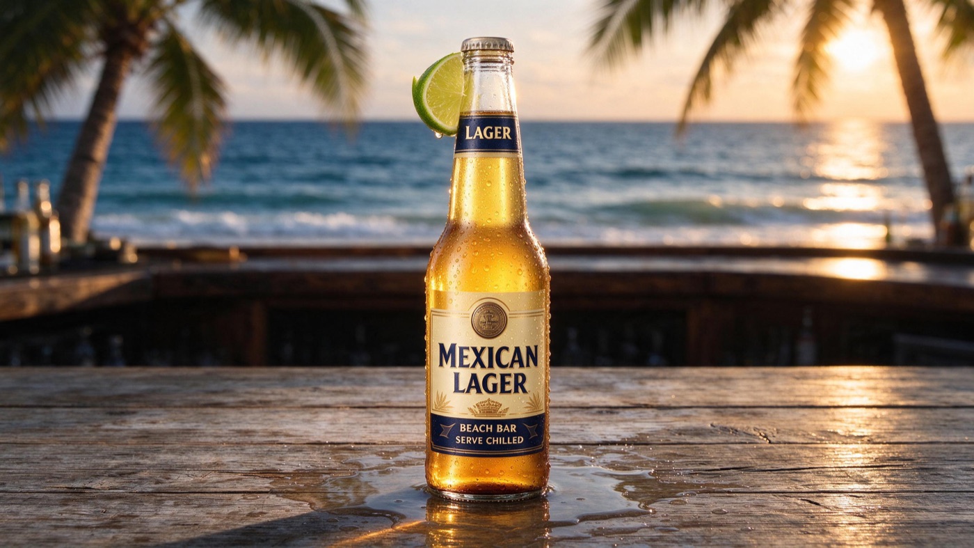 Seedream 5.0 Flash AI image: Mexican Lager bottle on a beach bar at sunset