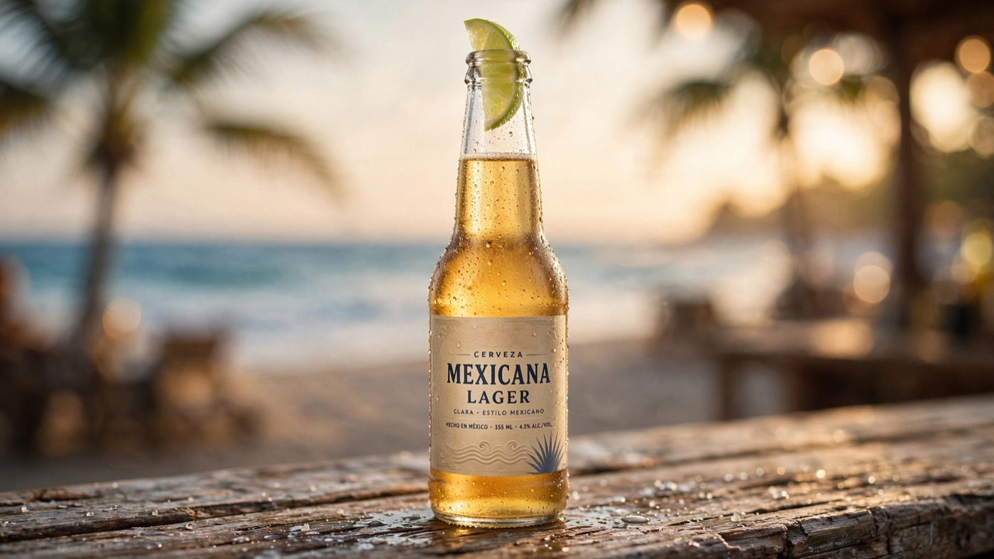 Meta Muse Image AI image: Mexicana Lager bottle with condensation on a wooden beach bar