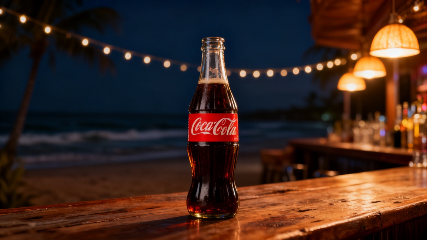 Seedream v4 image edit: Coca-Cola bottle on a different bar counter at night
