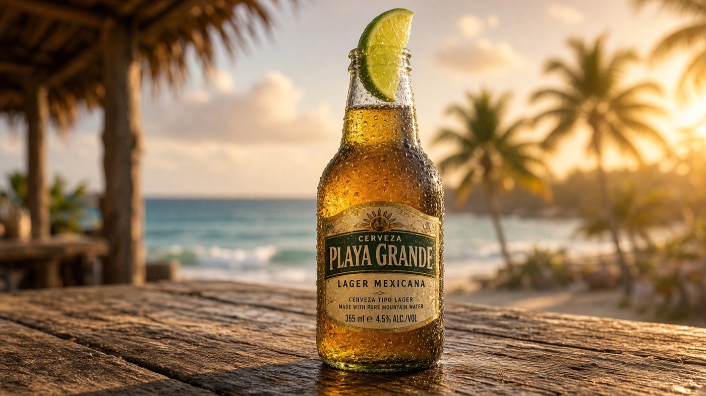 Grok Imagine Image 2.0 AI image: Playa Grande lager bottle on a beach bar