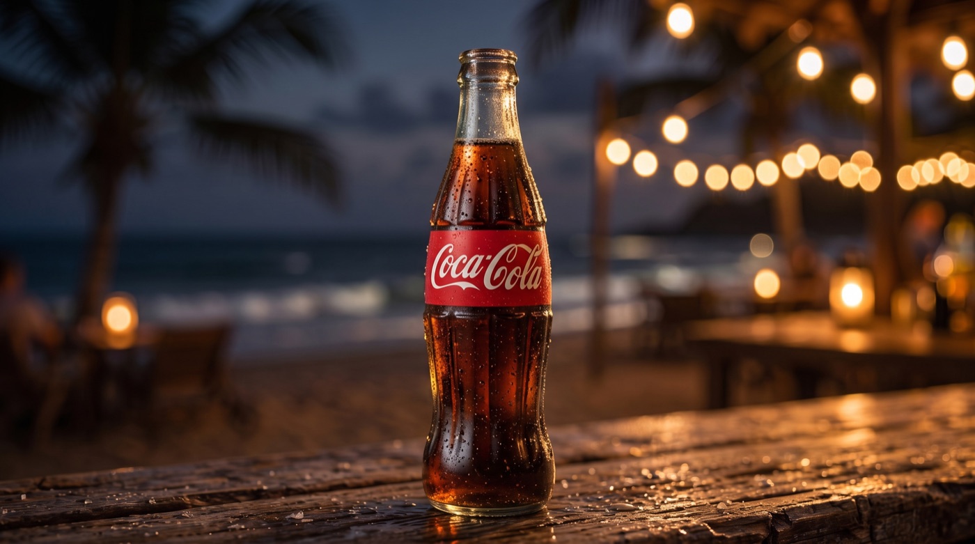 Nano Banana 2.1 image edit: Coca-Cola bottle on a beach bar at night with string lights